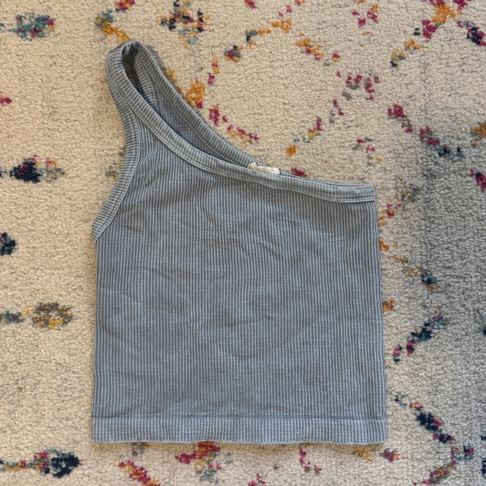 One Size Ribbed One Shoulder Crop Top | color Vintage Bluestone